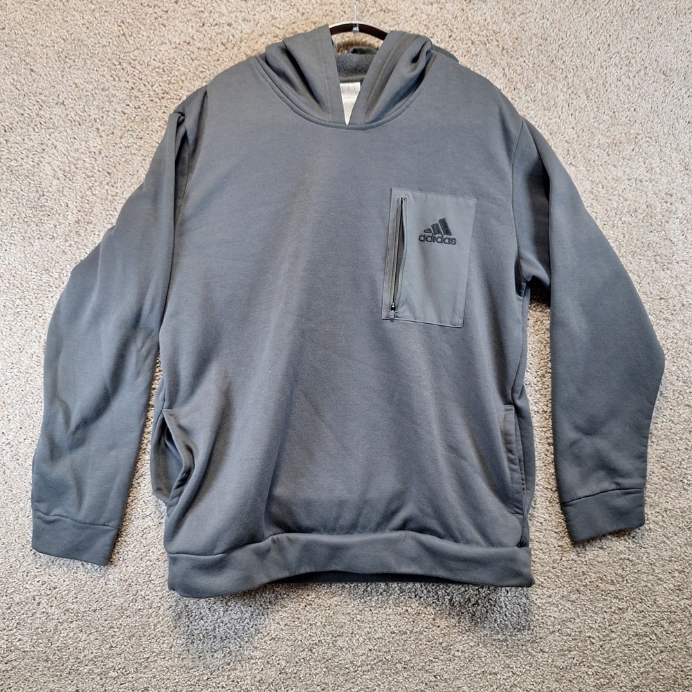 Adidas Hoodie Mens XL Gray Pullover Fleece Zip Pocket‎ Athletic Gym Sportswear